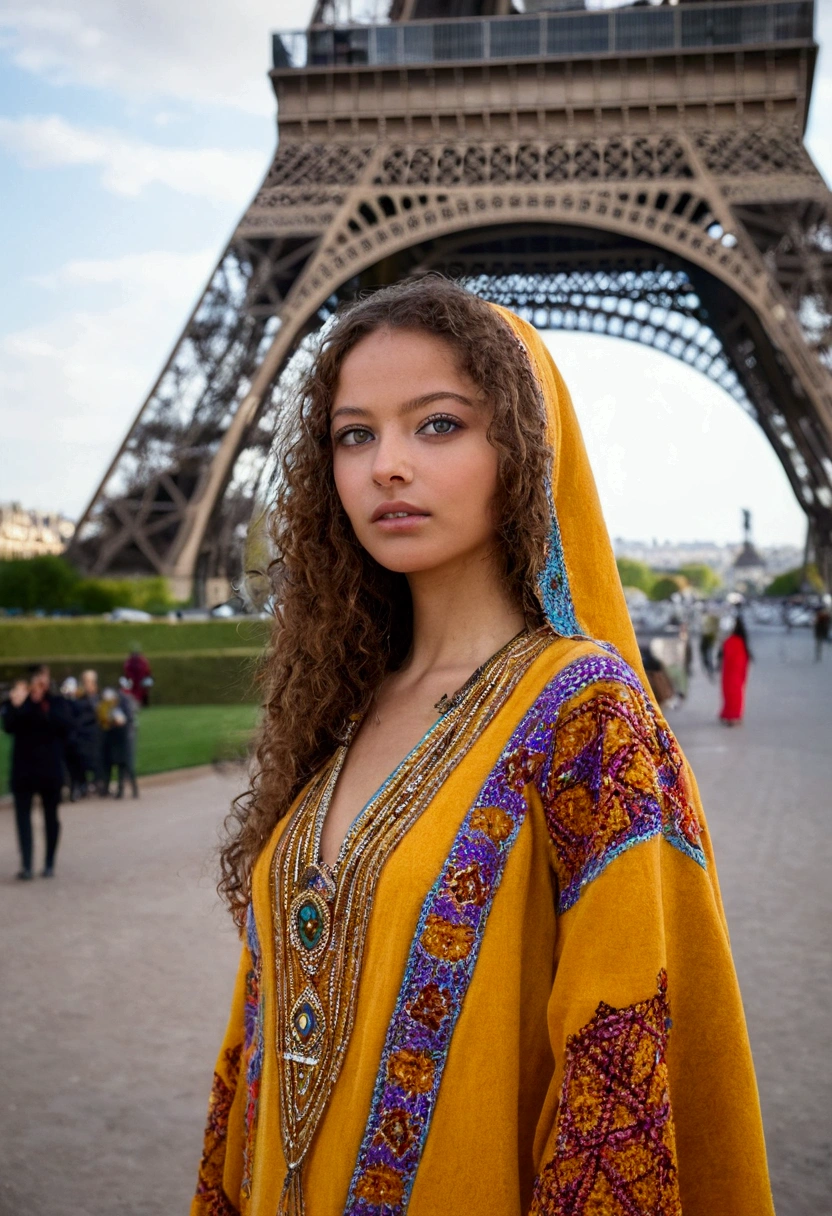 Arafed Femme avec des vêtements Kabyles, Fille aux yeux marrons, Portrait Sophie Mudd,  longs cheveux bruns bouclés et en désordre et grands yeux, selfie d&#39;une jeune femme, yeux de la chambre, violette myers, sans maquillage, maquillage naturel, regarder directement la caméra, visage avec artgram, maquillage subtil, superbe photo de tout le corps, devant la Tour Eiffel, elle est élégante, Porte une robe traditionnel Kabyle, Tizi ouzou, Berbers 