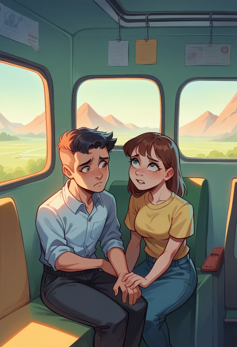Create a detailed digital illustration of a bus interior with two passengers seated on opposite sides. On the left, depict a person sitting by a window with a view of a dark, rocky mountain wall, looking sad and despondent. On the right, illustrate a person sitting by a window with a bright, colorful view of a sunny landscape with rolling hills and a sunrise, appearing happy and excited. The bus seats are blue, and the overall mood should highlight the stark contrast between the two passengers' perspectives