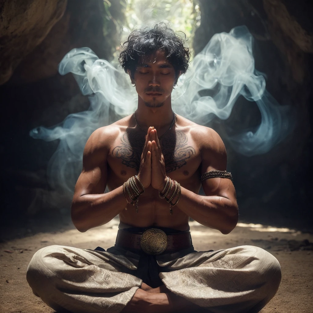 a handsome Javanese man (very short curly hair),seen from the front in a meditative position,namaste hand,sitting cross-legged on the ground,(eyes closed),wearing detailed traditional clothing torn sleveless,including bracelets and a belt with a complicated buckle.his surroundings looked mystical and serene,perhaps in a sacred cave with the light coming through the gaps above illuminating his handsome face.Behind him was a smoke in the shape forming a giant creature from ancient Javanese mythology