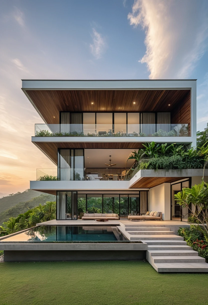 Modern minimalist villa cascading the hill, tropical trees surrounding, living room furniture, bedroom furniture, low angle view shot, stunning photo, (sunset:1.5), award-winning photo, masterpiece, highly detailed, wooden terrace, large window glass, 8k UHD