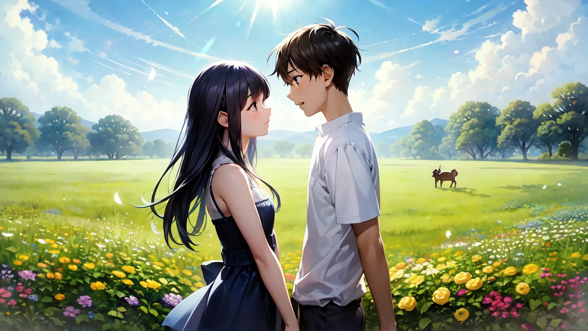 An anime-style image capturing the moment an 18-year-old boy and girl meet under the bright summer sun. The scene is filled with the warmth of the sun's rays, casting a golden glow on everything around them. The boy and girl stand facing each other, with expressions of surprise and joy as they cross paths. The background features a vast, clear blue sky with a few fluffy white clouds, emphasizing the openness and possibilities of the moment. The surrounding landscape is lush and vibrant, with green grass and blooming flowers swaying gently in the summer breeze. The overall atmosphere is lively and heartwarming, conveying the excitement and promise of new connections under the brilliant summer sky.