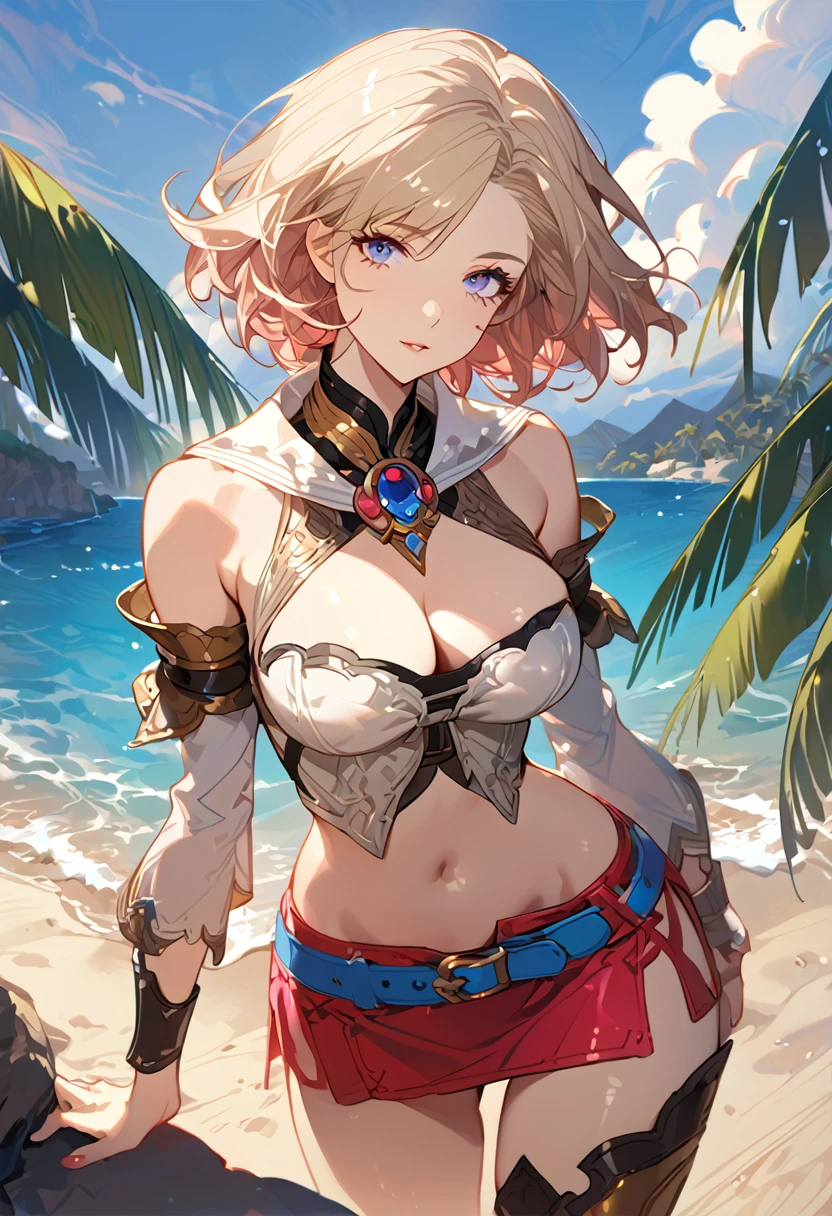 masterpiece, best quality, 8k, 4k, 1girl, ashelia final fantasy xii, Ashelia, short hair, pale blonde hair, blue eyes, white detached sailor like collar, round brooch, gold brooch with pink and blue jewel, white shirt, longer side shirt, cleavage, midriff, detached sleeves, bracer, black corset, corset under shirt, reddish pink skirt, microskirt, super tight skirt, skirt with two slit on the side, blue belt, black high thigh with gold pattern , gold boots, slim body, looking at viewer, standing nicely, wind blowing, finely detailed eyes and detailed face, face detailed, hair detailed, clothes detailed, ((high quality)), extreme detail, beach sand, palm tree, calm water, high hills overlooking the sea, hollowed hills,  inspired by Asukaziye artist : ask, art style : ask