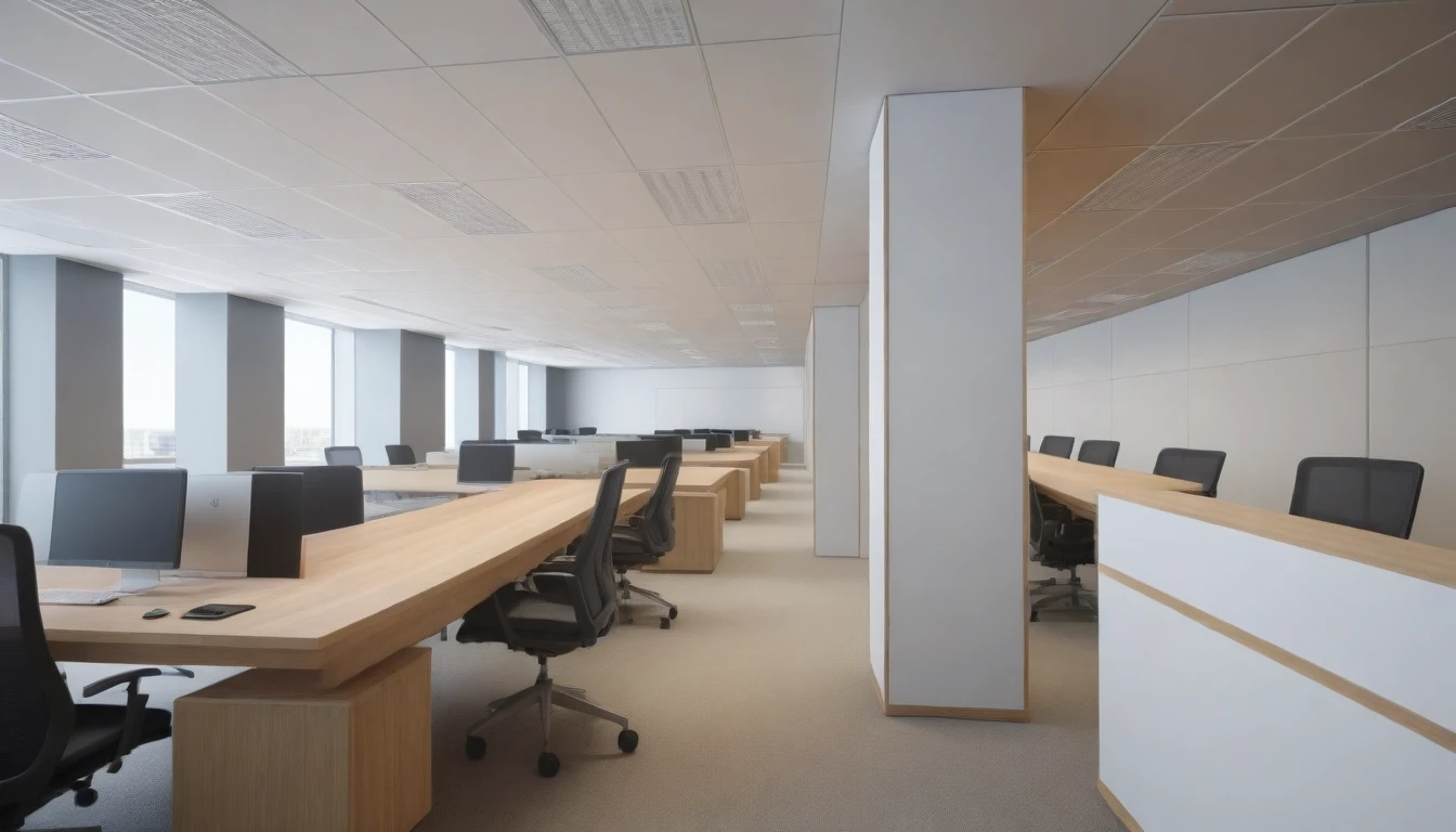 ((neo-modern living scene in the office.)), modern office (about working: 1.3), (realistic), (masterpiece), super detailed, surreal, (full detail) ), (high quality), (8k), (4k), 1 glass table with vase, 3 wooden desks with working computer, 3 wooden chairs for working, 1 director's chair at the end wall, 1 air conditioner inside wall, a sketch of an office with a desk and chairs, offices, open office, 3 d point perspective, empty office, cubicles, office cubicles, architecture drawing, single point perspective, 1-point perspective, office cubicle background, office ceiling panels, 2 - point perspective, in an office, office interior, point perspective, huge office, open ceiling