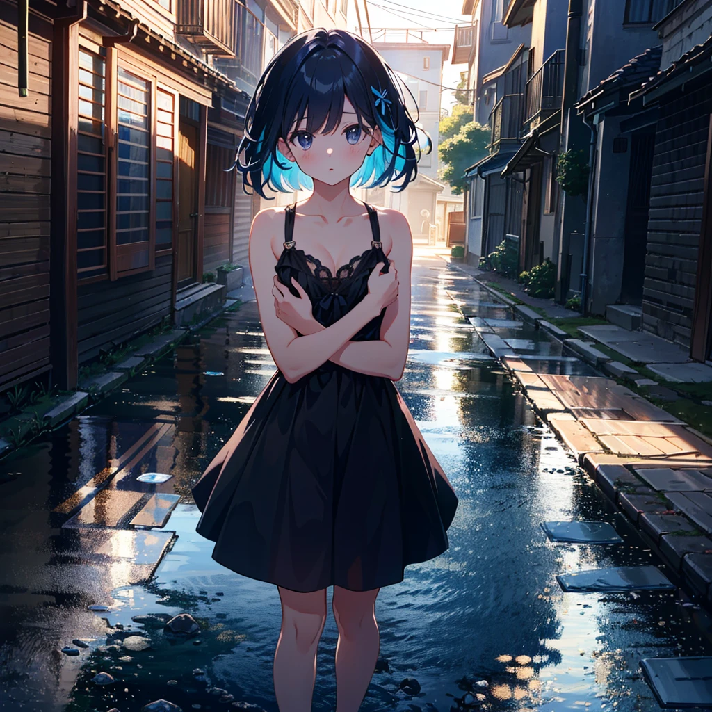Masterpiece, highest quality, high resolution background, bright and beautiful atmosphere, 1 girl (s old, 1 short-tempered round face), 1 person (hair, surface effects), small breasts, old housing complex, summer clothes, girl playing hide and seek, "deltamon_sdXL" :0.73) >Deltamon”、color々Perspective