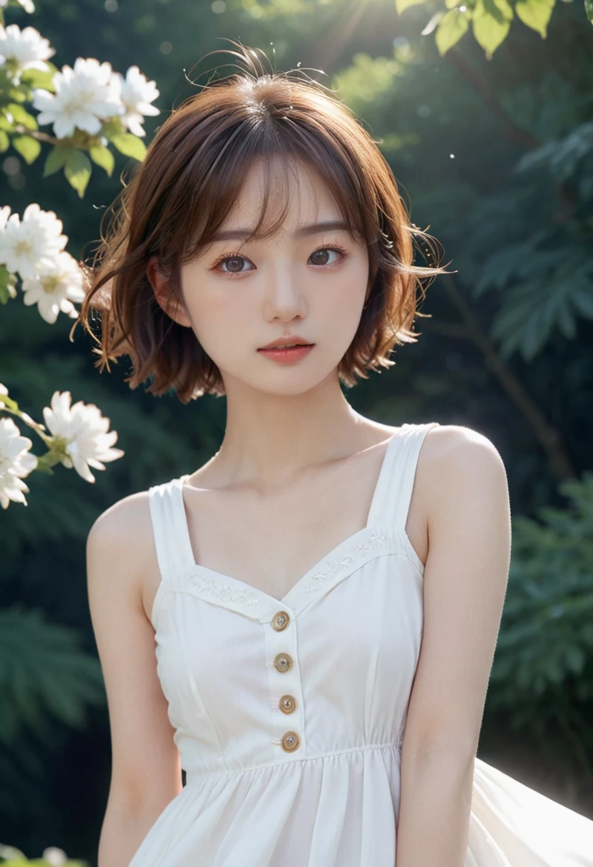 Full body portrait、、Beautiful young angel girl with very short chestnut hair、Wearing a white sleeveless dress、Jump into the summer sky with detailed background、大きなRealな白い翼のギミック、Halo、Shooting from a low angle。(Highest quality、4K、8k、High resolution、masterpiece: 1.2)、Super detailed、(Real、Photorealistic: 1.37)、Intricate and highly detailed faces、Delicate facial features、Expressive eyes、beautiful long eyelashes、Cute button nose、Detailed lips、Graceful pose、Dynamic Movement、Natural lighting、Warm tones、Golden Hour、Glowing Skin、Ethereal、Heavenly、Sacred、Sky、jpn-girl、ohwx woman