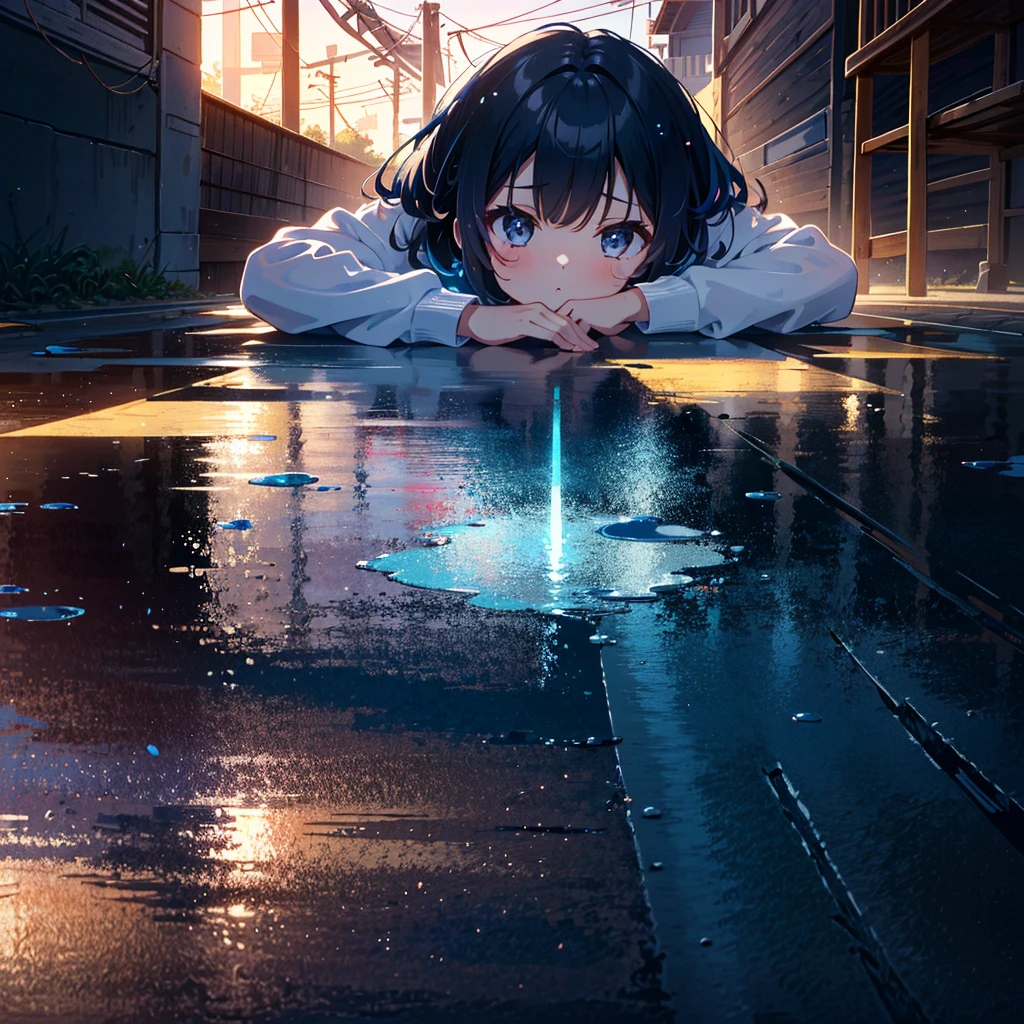 Masterpiece, highest quality, high resolution background, bright and beautiful atmosphere, 1 girl (2 years old, 1 short-tempered round face), 1 person (hair, surface effects), small breasts, old housing complex, summer clothes, girl playing hide and seek, "deltamon_sdXL" :0.73) >Deltamon”、color々Perspective