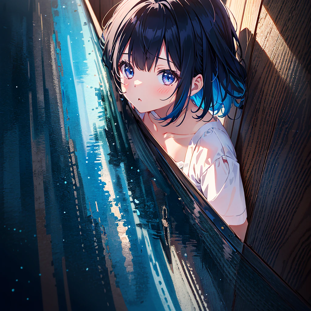 Masterpiece, highest quality, high resolution background, bright and beautiful atmosphere, 1 girl (2 years old, 1 short-tempered round face), 1 person (hair, surface effects), small breasts, old housing complex, summer clothes, girl playing hide and seek, "deltamon_sdXL" :0.73) >Deltamon”、color々Perspective