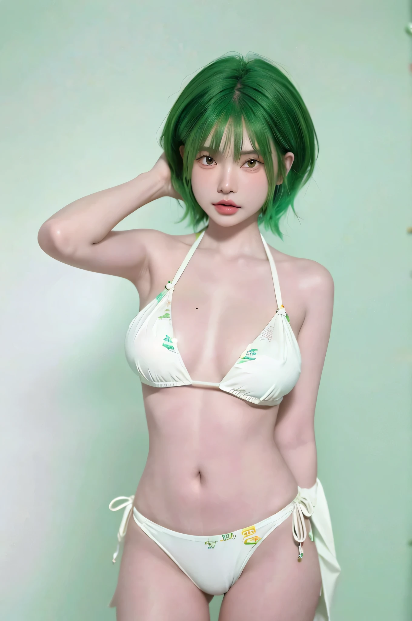 HDR, UHD,64K, nokiapretty, bikini white color, black background, greenhair, from above