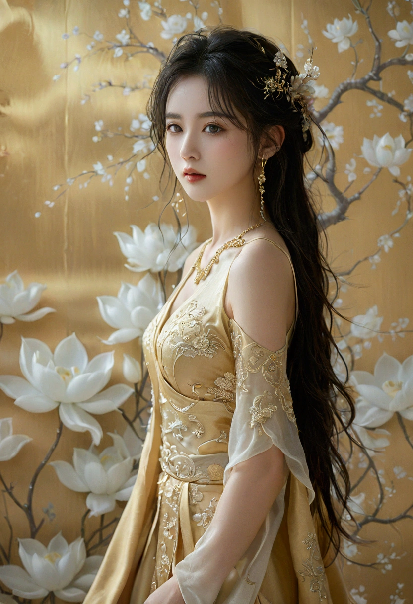 A picture of a very realistic, wide angle, image of a beautiful Thai-Chinese woman, Elegant, smooth silk gold attire, goddess, Thai artistic, Full body shot standing front of soft pastel satin wall, blooming, surreal dreamscape painting by artgerm and greg rutkowski, --c 33 --s 999 --v 6.0 --iw 1.5 --ar 5:8