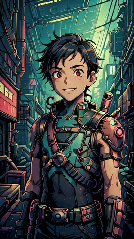 (8k),(masterpiece),(Japanese),(17-year-old boy),((CyberpunkAI)),((arrietty art style)),From the front,upper body,Cowboy shot,smile,cute,Innocent,Kind eyes,Flat chest,Black Hair,night,dark,neon light,cyberpunk background