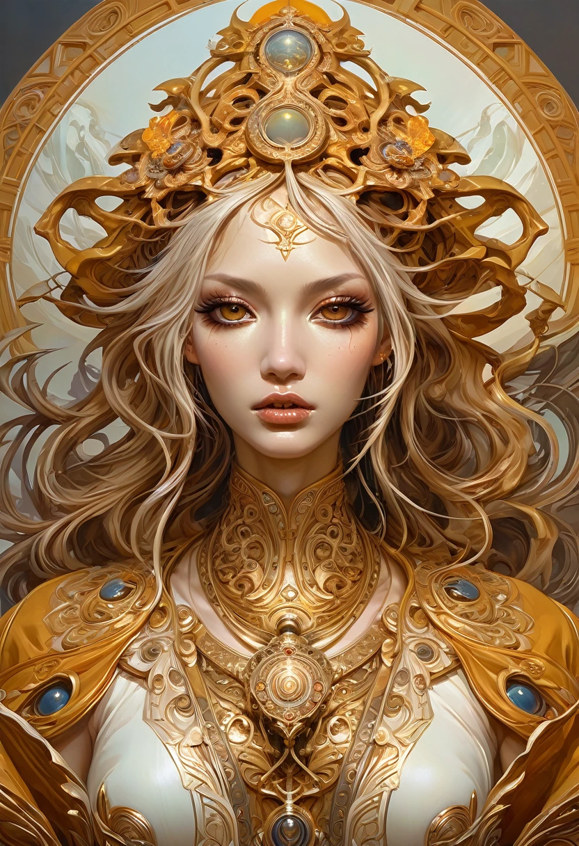 Oracle of the Ochre Oasis, Adoptable, Cannibal, new attitude, beautiful female face, intricate complexity, rule of thirds, stunning ornate details, in the style of Peter Mohrbacher, Miho Hirano, ornate details --ar 9:16