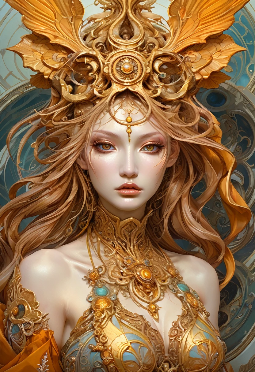 Oracle of the Ochre Oasis, Adoptable, Cannibal, new attitude, beautiful female face, intricate complexity, rule of thirds, stunning ornate details, in the style of Peter Mohrbacher, Miho Hirano, ornate details --ar 9:16