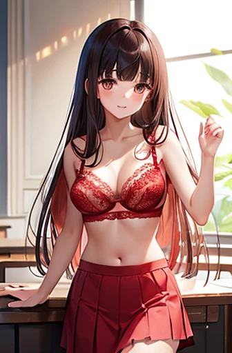 Highest quality, High resolution,thin、Brown eyes、expensive、(Bangs Bangs:1.5)、Long Hair,Straight hair、classroom、19 years old、(Light red lace bra:1.5)、Black Skirt、Black Hair 、8 Life-size、Large Breasts
