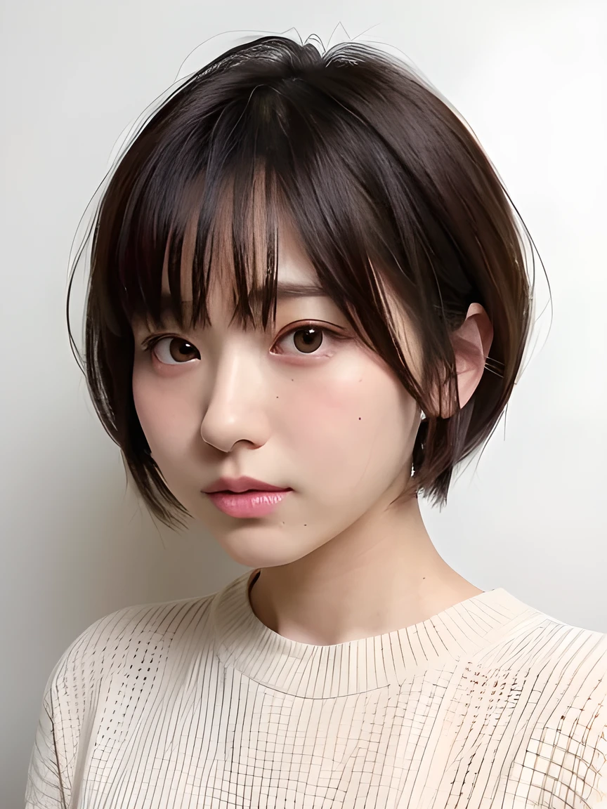 White wall, arafed asian woman with short hair and a tan sweater, with short hair, Girl cute beautiful face, Little mole, Beautiful Japanese girl face, with short hair with bangs, With a cute - lovely - face, Kurohime cut hair, short hair, Yoshitomo Nara, Cute natural anime face, Japanese Model, Another close-up of Iwakura