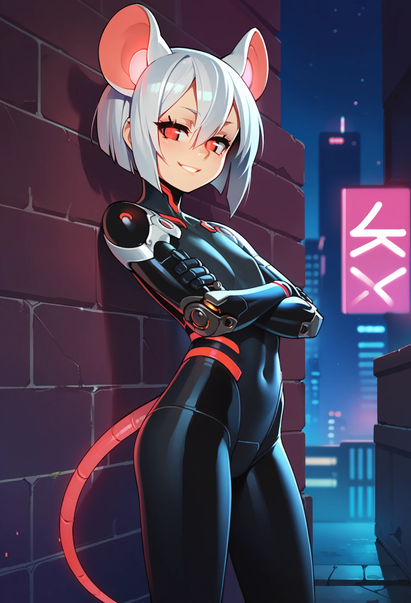 score_9, score_8_up, score_7_up, score_6_up, score_5_up, score_4_up, source_anime, outside, cyberpunk, city, night, sky, neon lights, cityscape, alley, side view, close-up, (hair between eyes:1.1), red eyes, half-closed eyes, smile, looking at viewer, solo, female, humanoid, mouse humanoid, tail, bob cut, silver hair, flat chested, black bodysuit, cybernetic arms, glowing, standing, against wall, crossed arms, robot features 