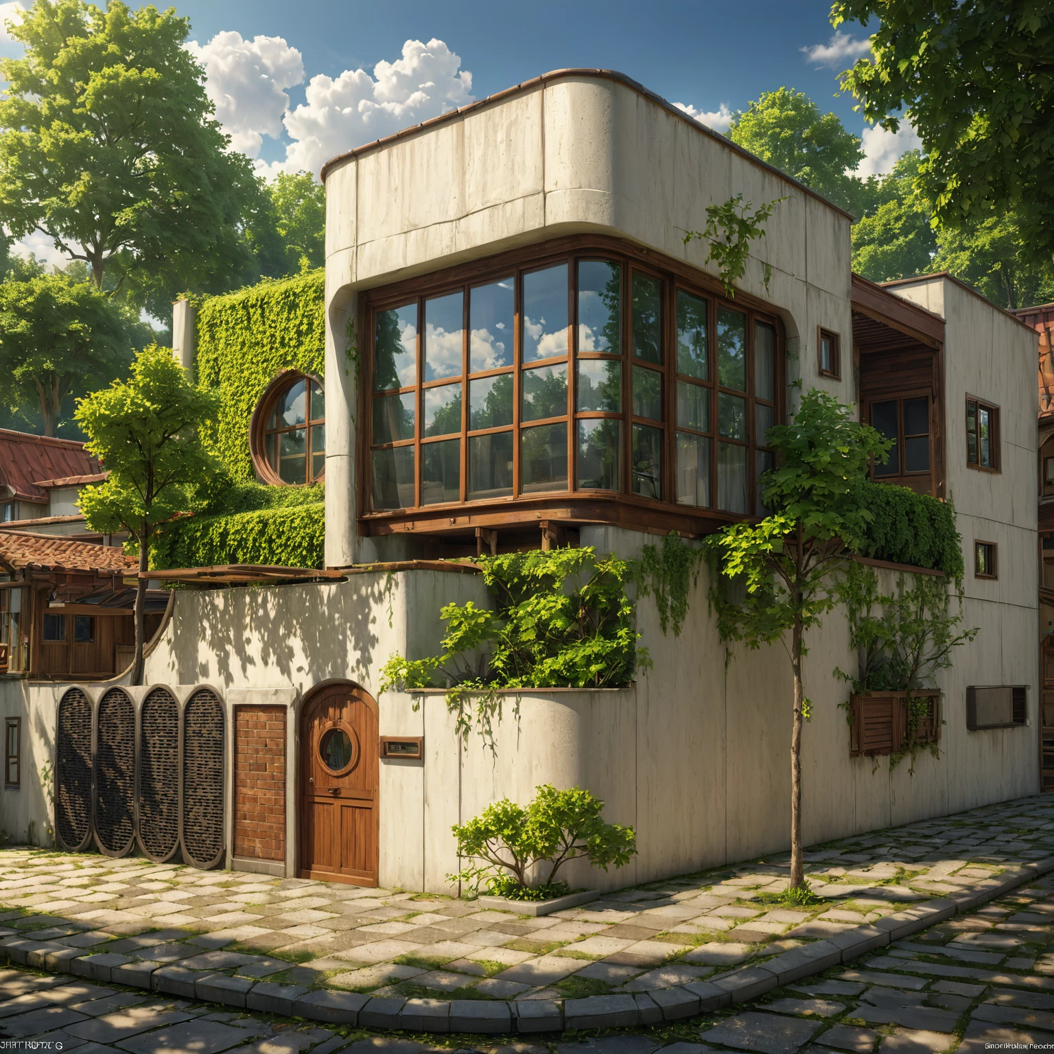 a 2 story townhouse, realistically detailed scenery, beautifully detailed sky with clouds, lush green foliage, intricate architecture, sunlight shining through windows, vibrant colors, (best quality, 4k, 8k, high resolution, masterpiece: 1.2), extremely detailed (realistic, photo-like, photo-like: 1.37), cinematic lighting, dramatic shadows, highly detailed textures, professional photography