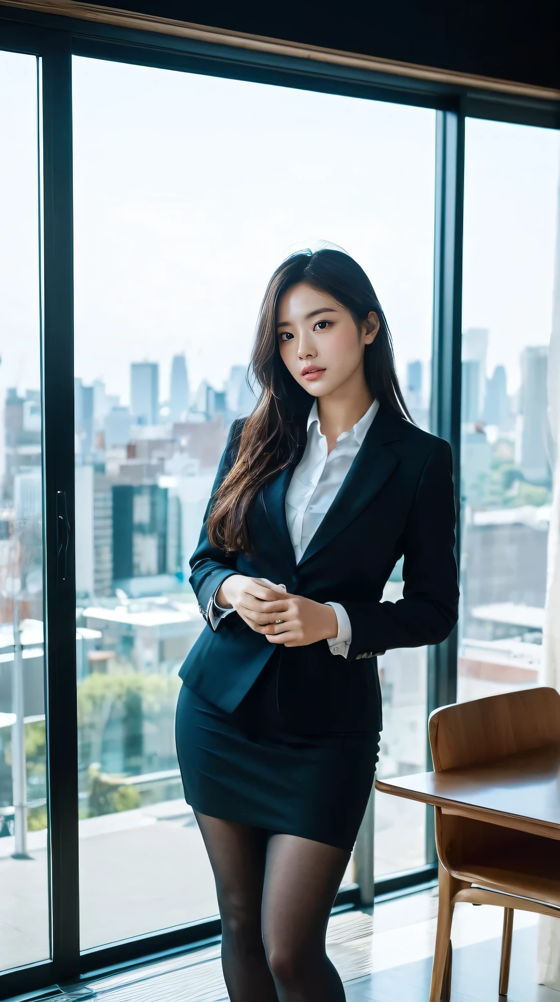 (Tabletop,high quality,16K:1.1),(Depth of written boundary:1.3) ,((Front body:1.35)),Japanese ,woman, ((suit, Pencil Skirt)), tights,, Curvy,(View your viewers:1.3),(Full Body Shot:1.2),(Beautiful morning view of the city:1.2),