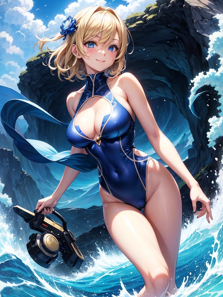 Japanese Anime style, super fine illustration, highly detailed, dynamic angle, beautiful detailed, pretty & charming anime girl with blonde straight short hair & blue eyes & a smile wears a swimsuit & accessories of black & blue future digital devices, blue lights, solo, Japanese anime style.