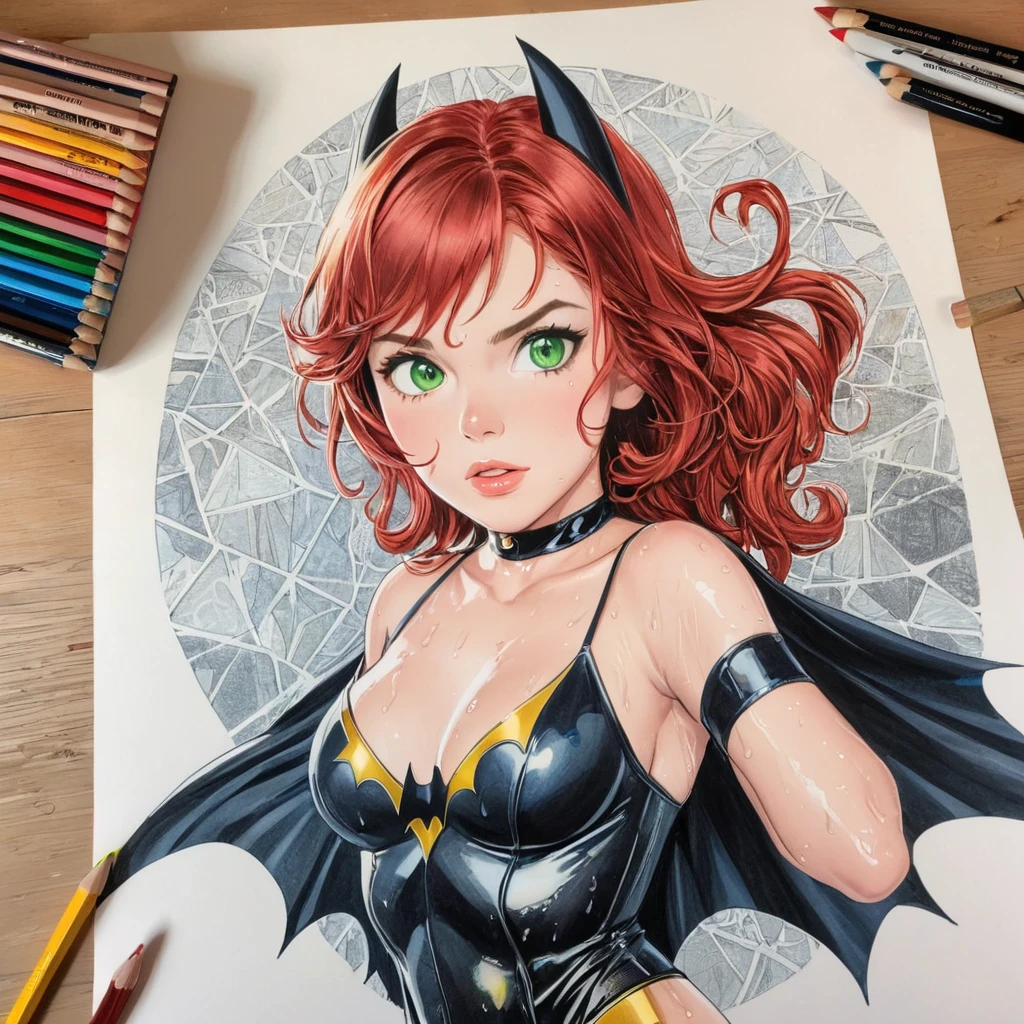 batgirl,short wet transparent camisole,red hair and green eyes, white,accurate perfect hands, Art,ad,colour pencil drawing,draft drawing ,comic collage,illustration