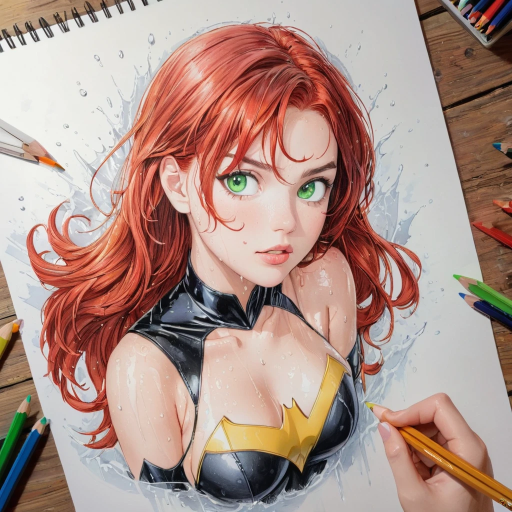 batgirl,short wet transparent camisole,red hair and green eyes, white,accurate perfect hands, Art,ad,colour pencil drawing,draft drawing ,comic collage,illustration