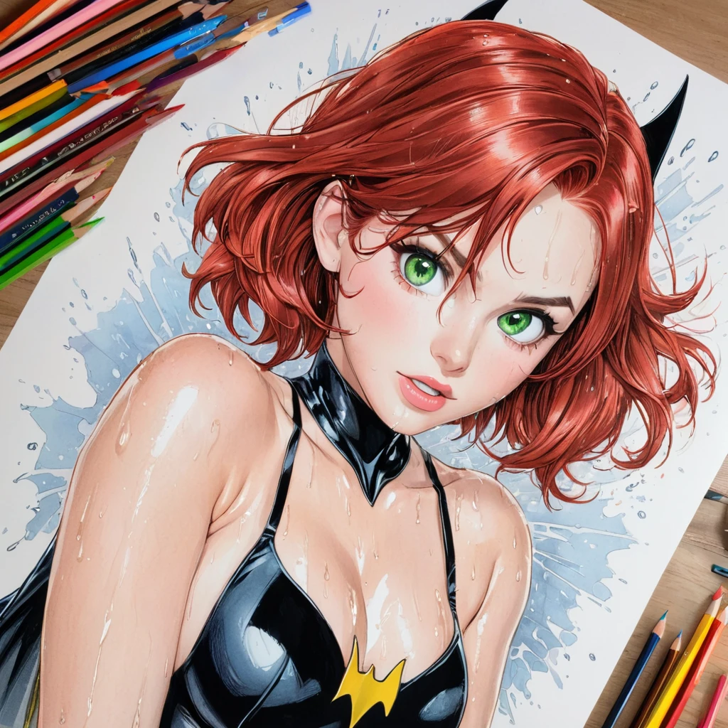 batgirl,short wet transparent camisole,red hair and green eyes, white,accurate perfect hands, Art,ad,colour pencil drawing,draft drawing ,comic collage,illustration