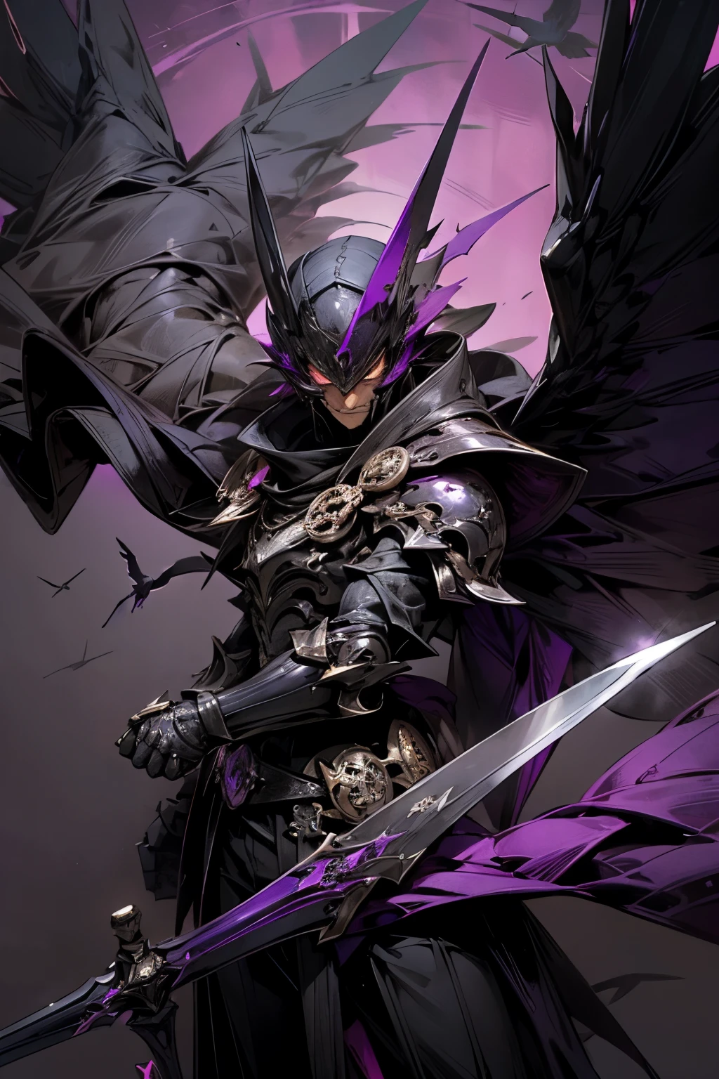 Antihero with black and purple crow armor with a cape and who has a sword in a so-called purple color, man version 