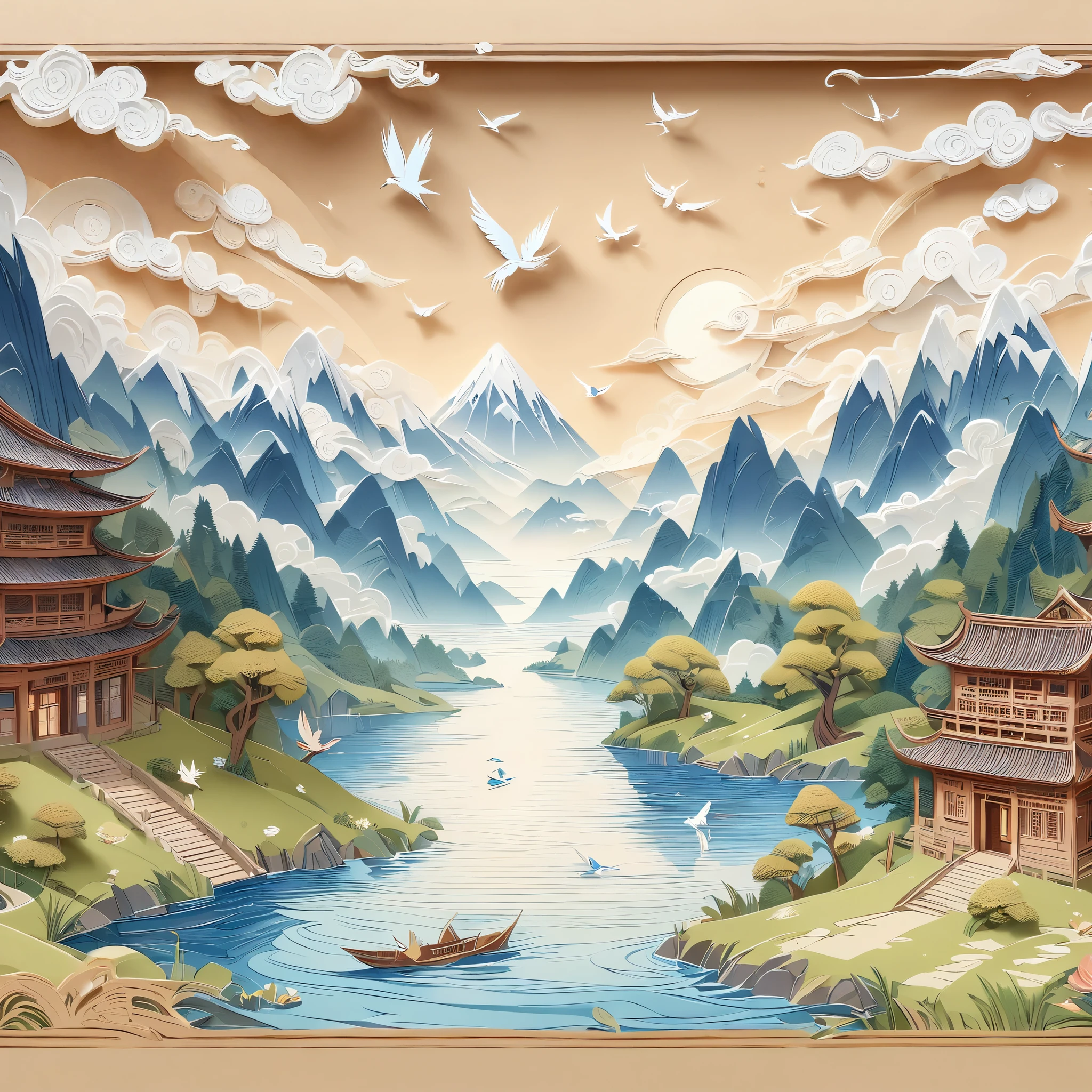 (masterpiece, best quality:1.2), Embossed paper, Solitary，Paintings of mountain lakes，A castle in the background，The foreground is trees，A bird flies on the water