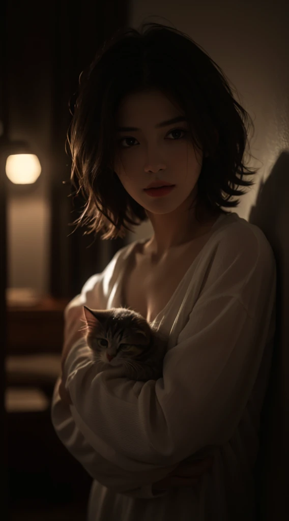 best qualtiy， tmasterpiece， Ultra-high resolution， （realisticlying：1.5）， RAW photogr， 1 cat， adolable， in the darkness nigth， deep shading， low tune， cold light， Sexy look， short hairs