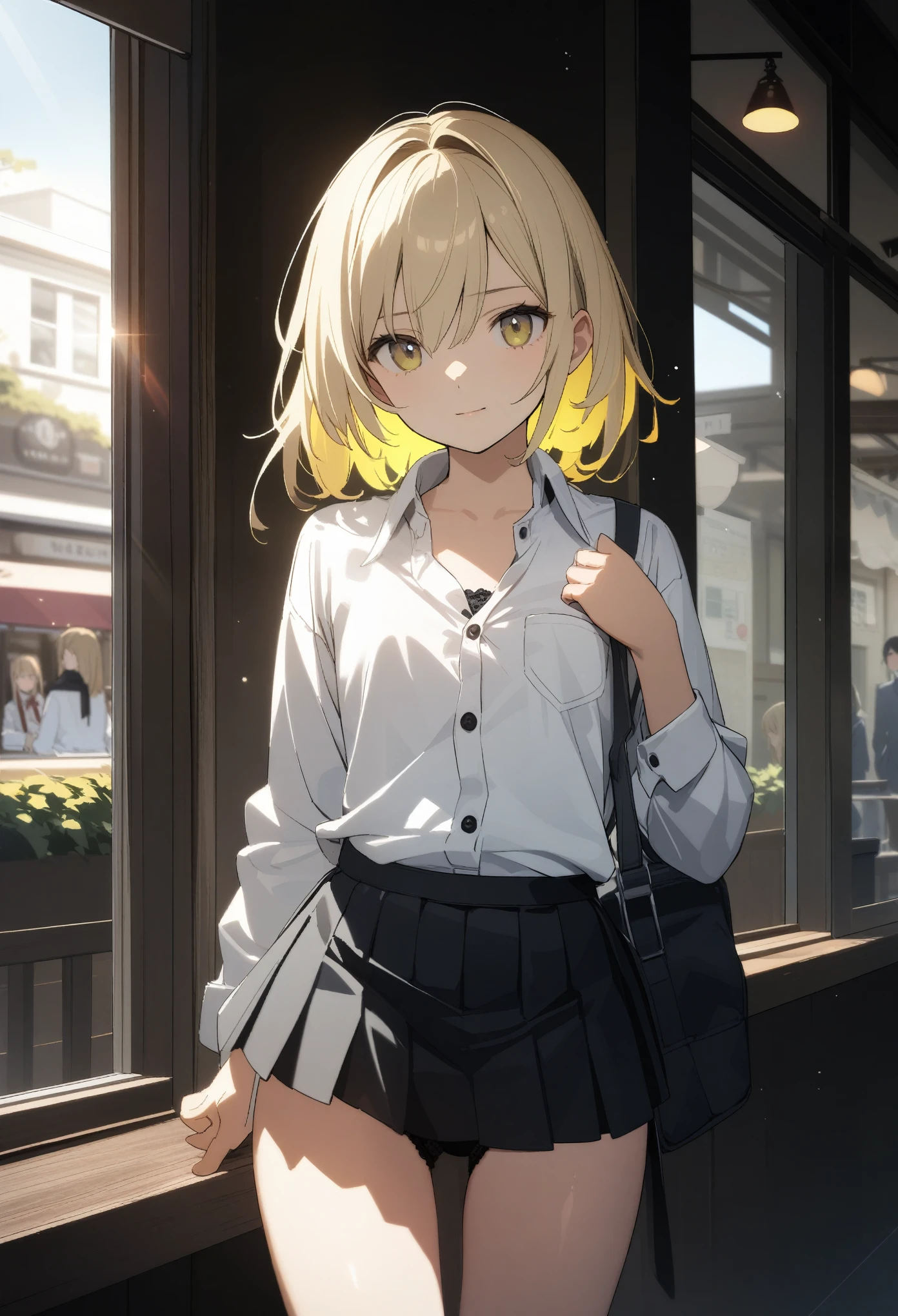 A 16-year-old girl, ((School uniforms、Dress shirt、Black underwear underneath、mini skirt、Rough dressing、Three buttons on his shirt are undone))、(Blonde hair colour,Bright silver inner color hairstyle), Beautiful Hair, Facial Contour, Remember, Cafe, sunlight、splash, Lens flare,, Natural Color, High resolution, Very delicate, Very detailed, 8k,（There is a slight swelling of the breasts、About B cup)、Saying thank you for your hard work