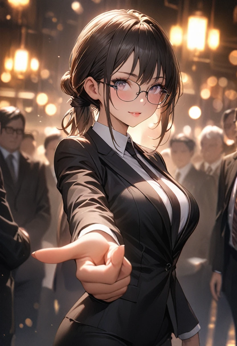 masterpiece, best quality, extremely detailed CG unity 8k wallpaper, Realistic skin texture, Standing in honor, finger pointing, Reach out and point at the viewer, Anatomical Hand, lawyer, woman, Glasses, Wearing a crisp suit, Hair tied up, bokeh photography, (soft focus):1.2, out-of-focus highlights, dreamy ambiance, glowing circles, mesmerizing depth, Cowboy Shot, Court