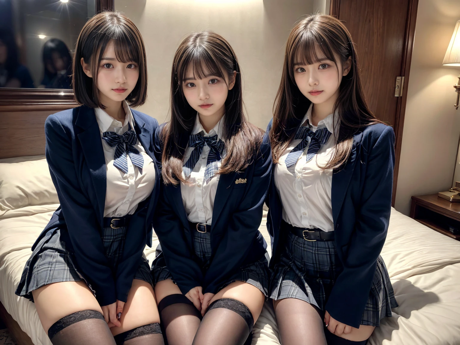 masterpiece, best quality, illustration, Super detailed, fine details, High resolution, 8K,wall paper, perfect dynamic composition,(Details High quality, realistic depiction of eyes:1.3), ((2 girls, 2 schoolgirls)), The background is a luxury hotel room、High school girl uniform、blazer 、Super Short Check Uniform Skirt、Navy blue high socks、garterbelts、Colossal tits、Disturbed uniform, Play with each other,Touching each other's bodies,Touching the body of the girl next door, short bob hair, black hair color, huge breasts, Big Natural Color Lip, bold sexy pose, (perfect body shape), crying a little、Harajuku style、Beautiful makeup,glitter makeup,Cutest 18 years old, beautiful legs, hposing Gravure Idol, Voluptuous thighs