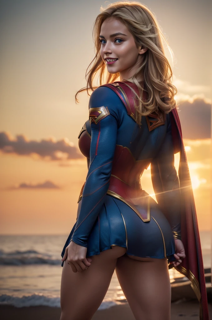 Masterpiece, the beauty of a goddess, ultra-detailed face, detailed eyes, (back side), ((Supergirl outfit)), blue eyes, blonde hair, legs spread, dynamic pose, muscular, stunning, smooth, simetric, ((focus on viewer)), ((wide hips)), perfect proportions, ((futanari)), ultra realistic, happy, red cape, caucasian, sweating, red lips, massive booty, ((thick)), ((smiling)), god light, (sunset war background), (top-quality,8K,32K,​masterpiece),high resolution,(Photorealistic:1.4),Ray tracing,Sun glare,depth of fields,By backlight effect,Add depth to your screen, (high contrast,photorealistic artwork:1.37),(best quality,4k,highres,masterpiece:1.2),(realistic,photorealistic,photo-realistic:1.37),professional,