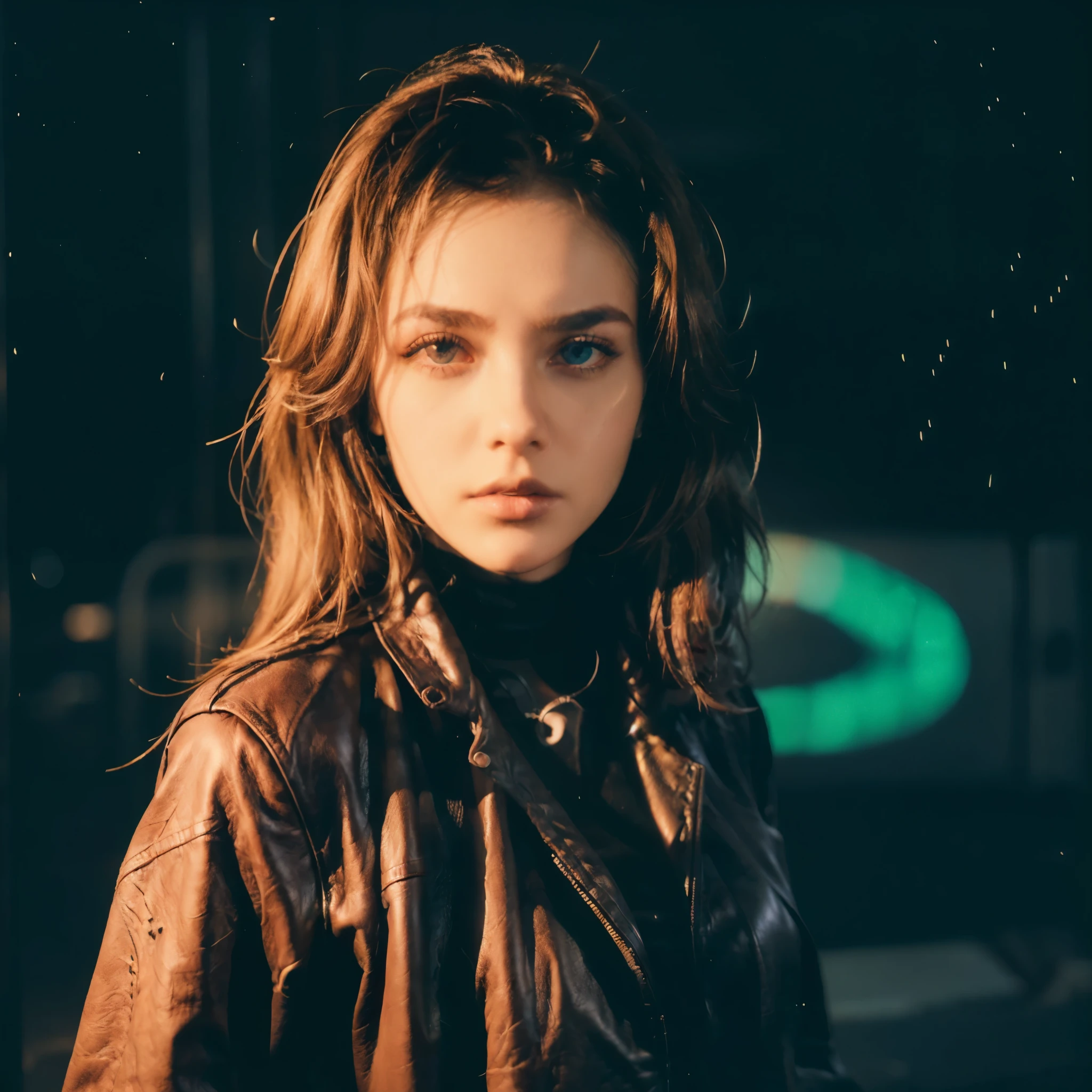 (Best Quality, Masterpiece, Ultra High Definition, High resolution, highly detailed, High Definition Face:1.5), 20-year-old woman, 1 beautiful woman, (full body photo:1.4), (Beautiful woman wearing a leather jacket:1.3), (beautiful eyes, light in the eyes), eyes are in focus, white skin, Glossy, shiny skin, very Fair skin, (film photography style, photo with strong shadows, Background neon light, City of night, cyber punk:1.2), frown, violently fluttering hair, very long hair styles, Slim, Big Breasts