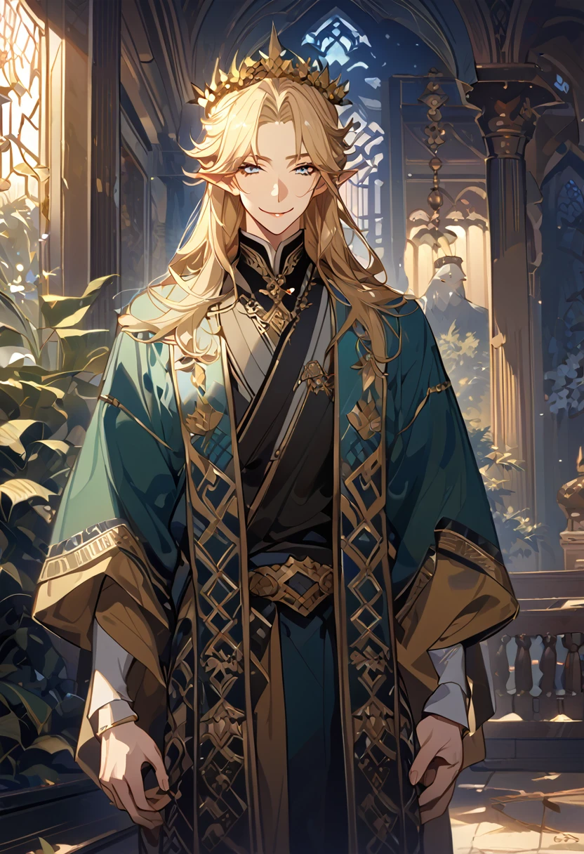 masterpiece, best quality, 8k ,4k , 1male, elf King, Golden Blond, Blue greenish eyes, gold wreath crown, hair ornament, long hair, finely detailed eyes and detailed face, looking at viewer, black sleeveless, half robe, patterned clothes, gold embroidery clothes, meticulous clothes, mature clothe, majestic looks, smiling gently, small bird, full body, inspired by Asukaziye artist : ask, art style : ask