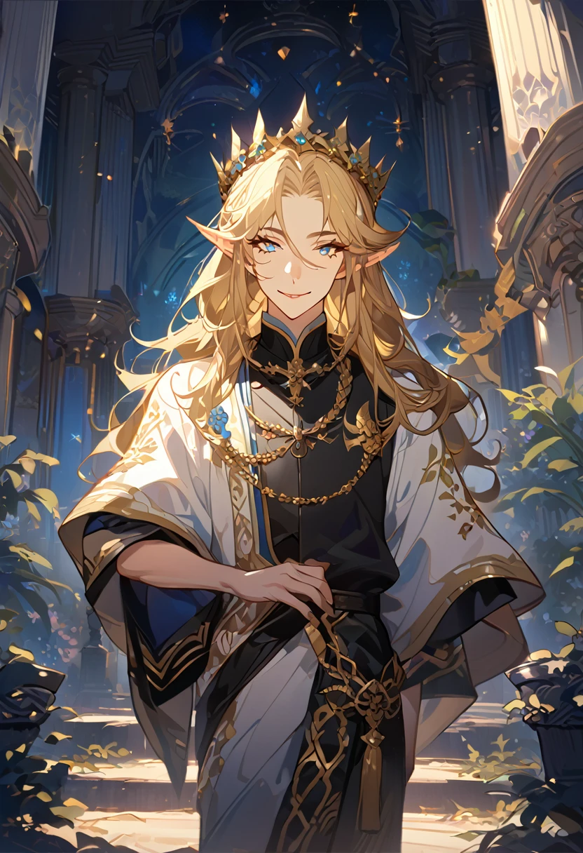 masterpiece, best quality, 8k ,4k , 1male, elf King, Golden Blond, Blue greenish eyes, gold wreath crown, hair ornament, long hair, finely detailed eyes and detailed face, looking at viewer, black sleeveless, half robe, patterned clothes, gold embroidery clothes, meticulous clothes, mature clothe, majestic looks, smiling gently, small bird, full body, inspired by Asukaziye artist : ask, art style : ask