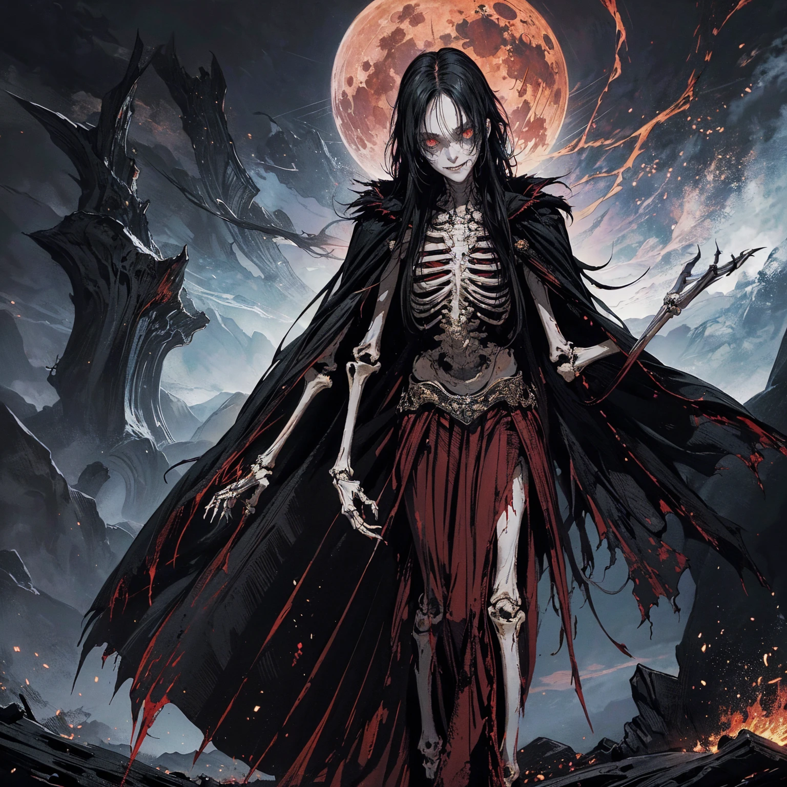 full-body shot, best quality, 4K, high resolution, masterpiece, Very detailed, Mood lighting, An undead girl in a long cape, Whole body including hands & arms & legs & feet are all skeleton bones but except the head is still beautiful human face, Wearing a ragged gothic skirt, Aloofness emotion, Dangerous sneer, Beautiful but sad smile, Black Hair, Standing, Facing the camera, Crucified, Pitch black sky, Blood-red moon, strange atmosphere, Gothic style, Unforgettable beauty, Dramatic shadows, Ethereal Light, Mysterious atmosphere.