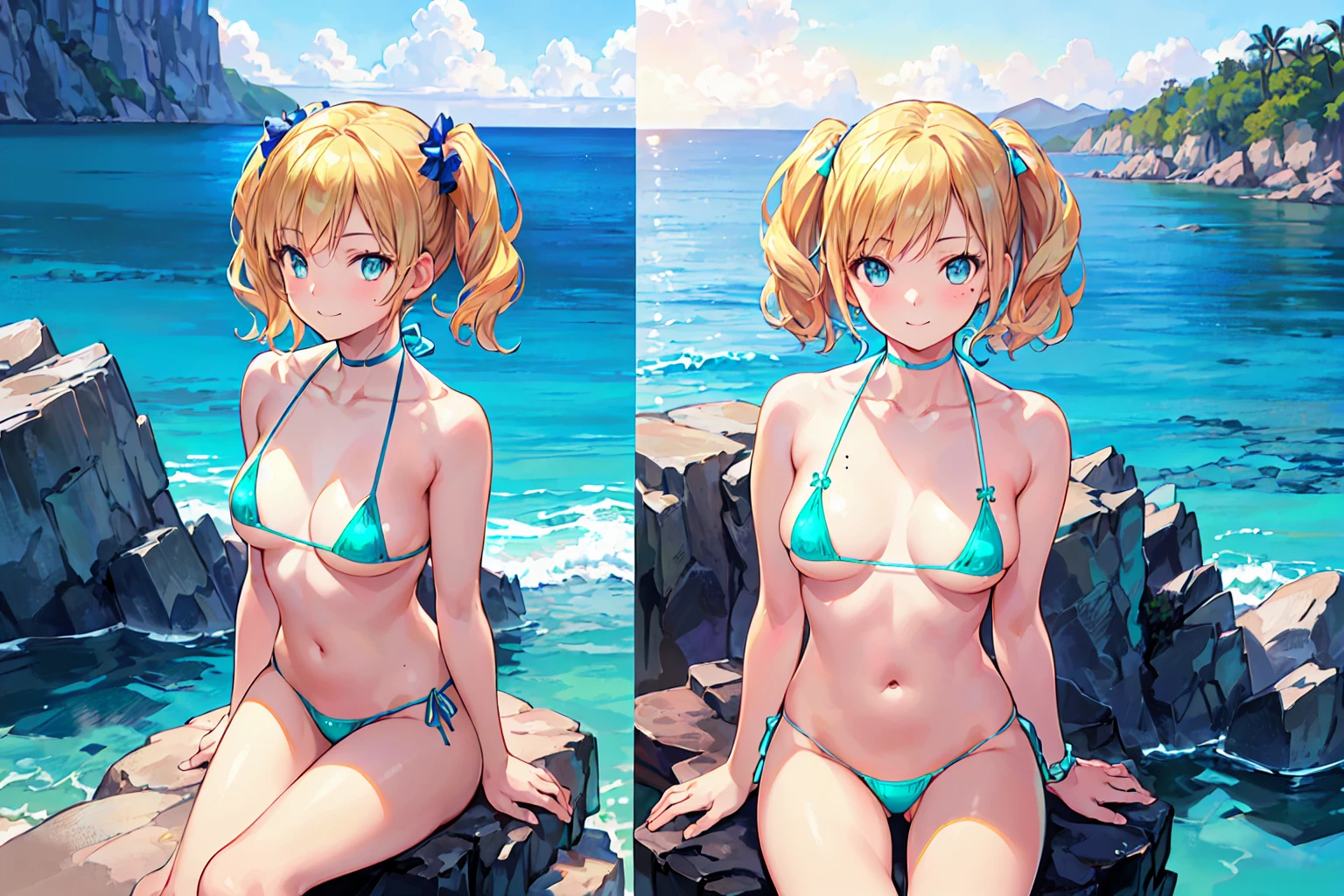 (masterpiece:1.2, Highest quality), (Realistic, photoRealistic:1.4), Beautiful illustrations, (Natural Side Lighting, Cinema Lighting), Browsing Caution:1.2, View Audience, Cowboy Shot, 1 girl, Japanese, idol carving, high school girl, Perfect Face, Cute and symmetrical face, Tan in the shape of a school swimsuit, Glowing Skin, thin, (Small breasts:0.6), Beautiful Hair, Beautiful Face, Beautiful details, Beautiful clavicle, Beautiful body, Beautiful breasts, Mole on chest, Beautiful thighs, Mole in the groin:1.5, Beautiful feet, Beautiful fingers, ((Light blue hyper micro bikini:1.5), choker, Wrist Chakra), (short hair:1.2, Twin tails:1.2, blonde), Parted bangs, Chestnut brown eyes, Long eyelashes, (Beautiful views), Tropical Beach, (sitting on a rock:1.35 | Keep your legs wide open:1.4 | front:1.4), ((Place your hands between your legs | Place your hand on your chest | Place your arms behind your back)), (Cute Smile, Upward glance), Beautiful sunset:1.45
