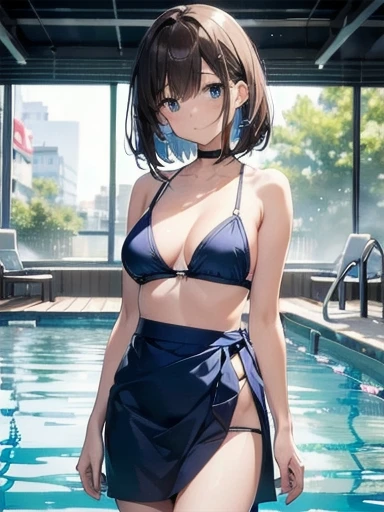 A 27-year-old female office worker enjoys her vacation at an indoor pool.、Dark brown hair, long bob、A blue cloth is covering her from 4cm below her right collarbone to below her left nipple., A dark blue cloth covers her from 4cm below her left collarbone to just below her right nipple., 胸の谷間下半分はwhite布で覆われている. Swimsuit Tops、Navy blue swimsuit panties with ribbons on the sides、white, Wrap a transparent cloth around your waist to create a skirt.、Makes panty lines visible。.、Wrap skirt、The ceiling and walls are made of glass、Outside the glass you can see the night sky、that&#39;It&#39;s late night now、High-definition starry sky、High-resolution images、Large Breasts、Long black hair