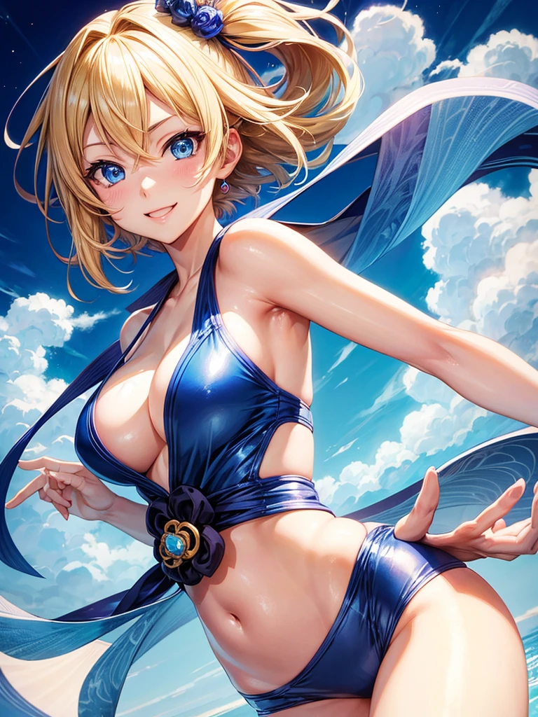 Japanese Anime style, super fine illustration, highly detailed, dynamic angle, beautiful detailed, pretty & charming anime girl with blonde straight short hair & blue eyes & a smile wears a swimsuit, blue lights, solo, Japanese anime style.