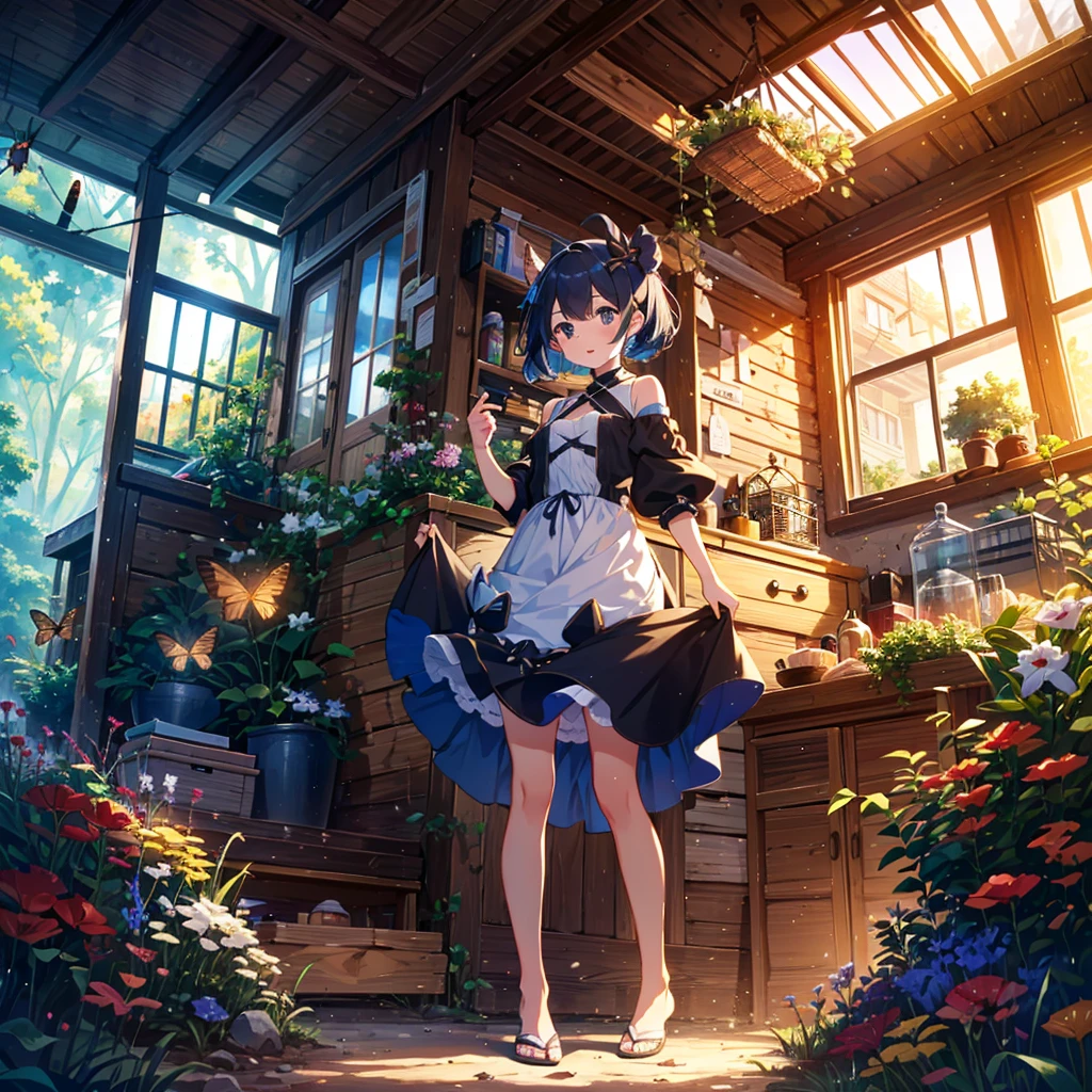 Masterpiece, highest quality, high resolution background, bright and beautiful atmosphere, 1 girl (2 years old, 1 short-tempered round face), 1 person (hair, surface effects), small breasts, insect cage (contains dirt, ants) Dozens of them are building nests) Old housing complex, cute clothes, free research during summer vacation, "deltamon_sdXL :0.73) >Deltamon"