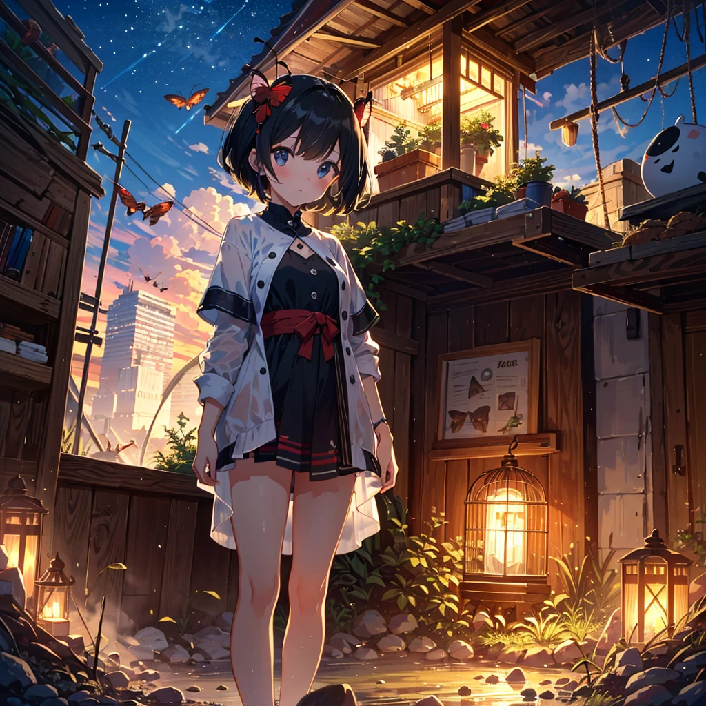 Masterpiece, highest quality, high resolution background, bright and beautiful atmosphere, 1 girl (, 1 short-tempered round face), 1 person (hair, surface effects), small breasts, insect cage (contains dirt, ants) Dozens of them are building nests) Old housing complex, cute clothes, free research during summer vacation, "deltamon_sdXL :0.73) >Deltamon"