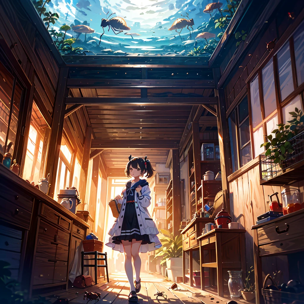 Masterpiece, highest quality, high resolution background, bright and beautiful atmosphere, 1 girl (2 years old, 1 short-tempered round face), 1 person (hair, surface effects), small breasts, insect cage (contains dirt, ants) Dozens of them are building nests) Old housing complex, cute clothes, free research during summer vacation, "deltamon_sdXL :0.73) >Deltamon"