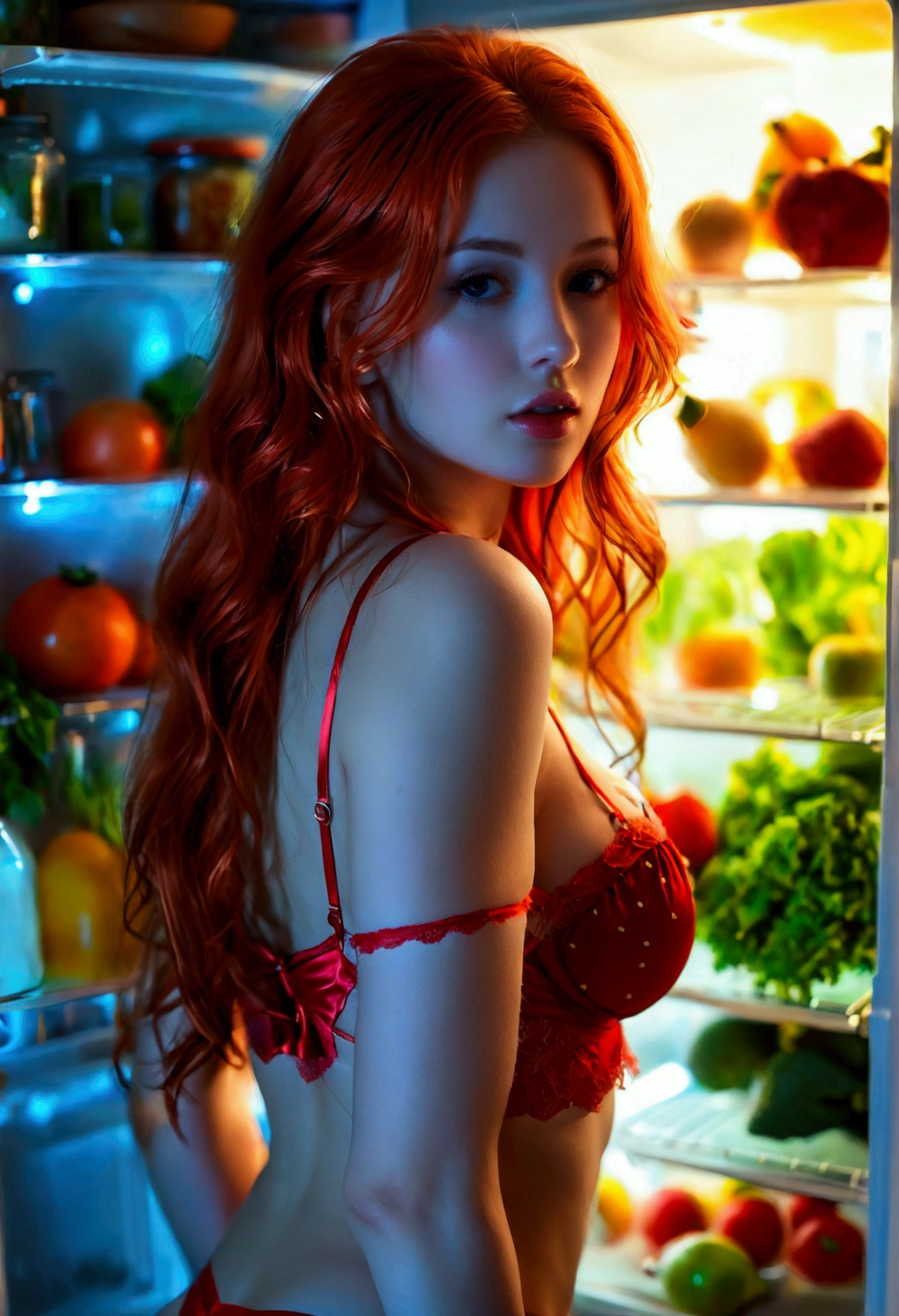 wide angle, wide shot, ultra realistic, photography, long red hair, girl, 24 years old, hourglass figure, perfect body, Flirty look, natural medium breasts, blur background, in the kitchen, in front of the open fridge, back to the camera, wearing red satin bra and panties, only dim light comes from the fridge, late at night, dark room, darkness, she has a perfect butt, firm butt, 