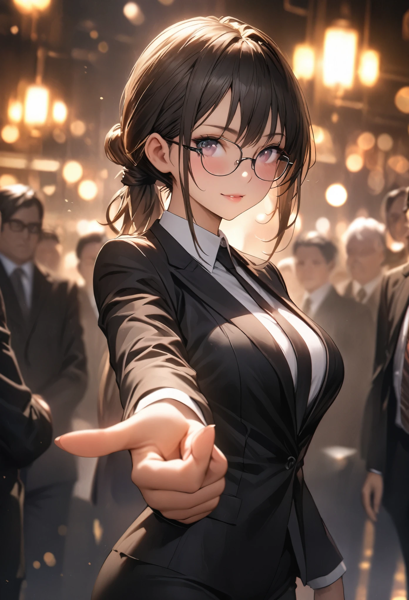 masterpiece, best quality, extremely detailed CG unity 8k wallpaper, Realistic skin texture, Standing in honor, finger pointing, Reach out and point at the viewer, Anatomical Hand, lawyer, woman, Glasses, Wearing a crisp suit, Hair tied up, bokeh photography, (soft focus):1.2, out-of-focus highlights, dreamy ambiance, glowing circles, mesmerizing depth, Cowboy Shot, Court