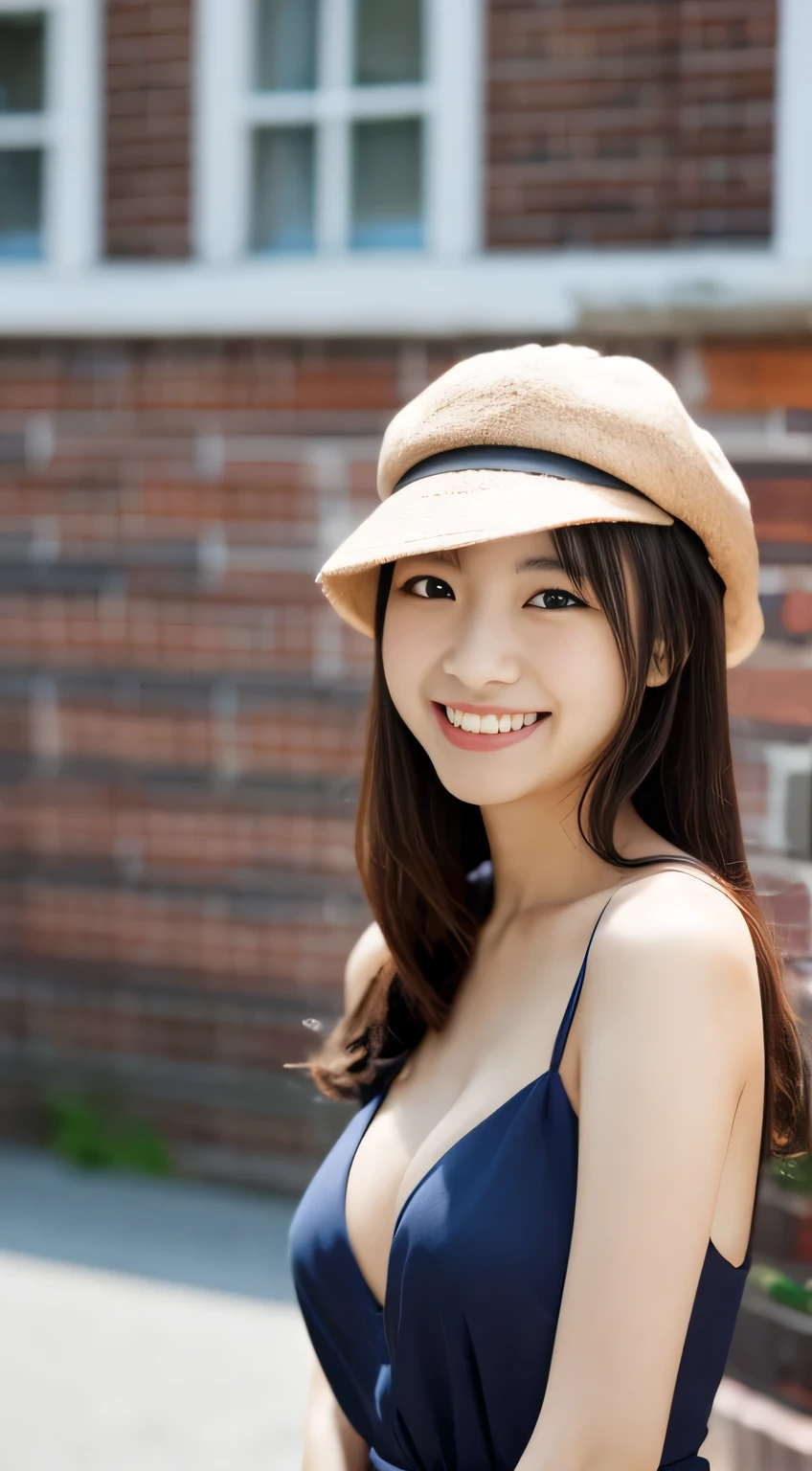 masterpiece,best quality,(Japanese girl),((Beautiful girl)),cleavage,(perfect body beauty:1.2),(shy smile),beautiful teeth,(hat),(Blurred background of brick buildings),
