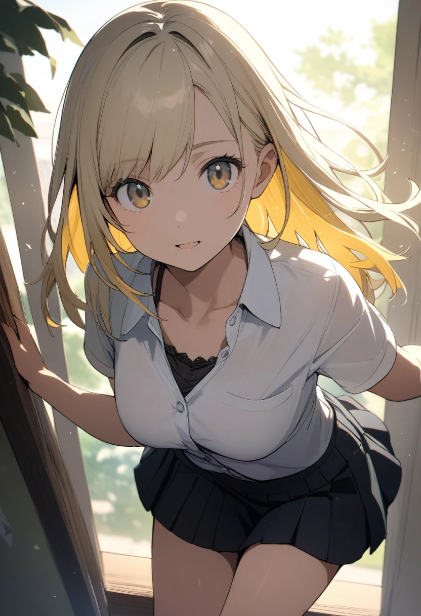 A 16-year-old girl, ((School uniforms、Dress shirt、Black underwear underneath、mini skirt(About 10cm from the knee)、A little casual dressing、))、(Blonde hair colour,Bright silver inner color hairstyle), Beautiful Hair, Facial Contour, Remember, Cafe, sunlight、splash, Lens flare,, Natural Color, High resolution, Very delicate, Very detailed, 8k,(There is a slight swelling of the breasts、About B cup),Saying thank you for your hard work、Top view angle