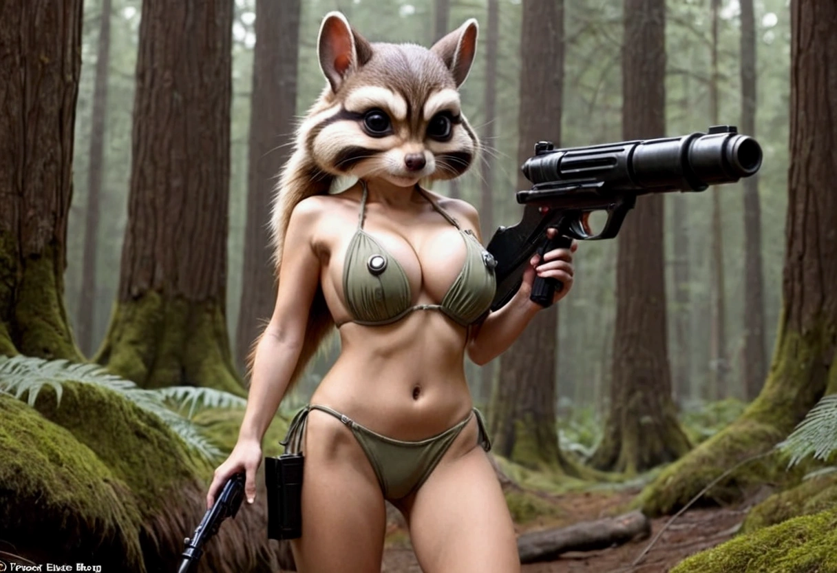 Star Wars, a chipmunk themed alien woman (sexy furry bikini, huge eyes, huge breasts, athletic, body fur, blaster pistol, cute) is sneaking up on an Imperial base. Forest
