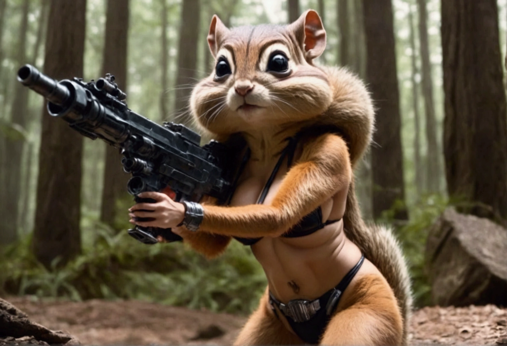 Star Wars, a chipmunk themed alien woman (sexy furry bikini, huge eyes, huge breasts, athletic, body fur, blaster pistol, cute) is sneaking up on an Imperial base. Forest