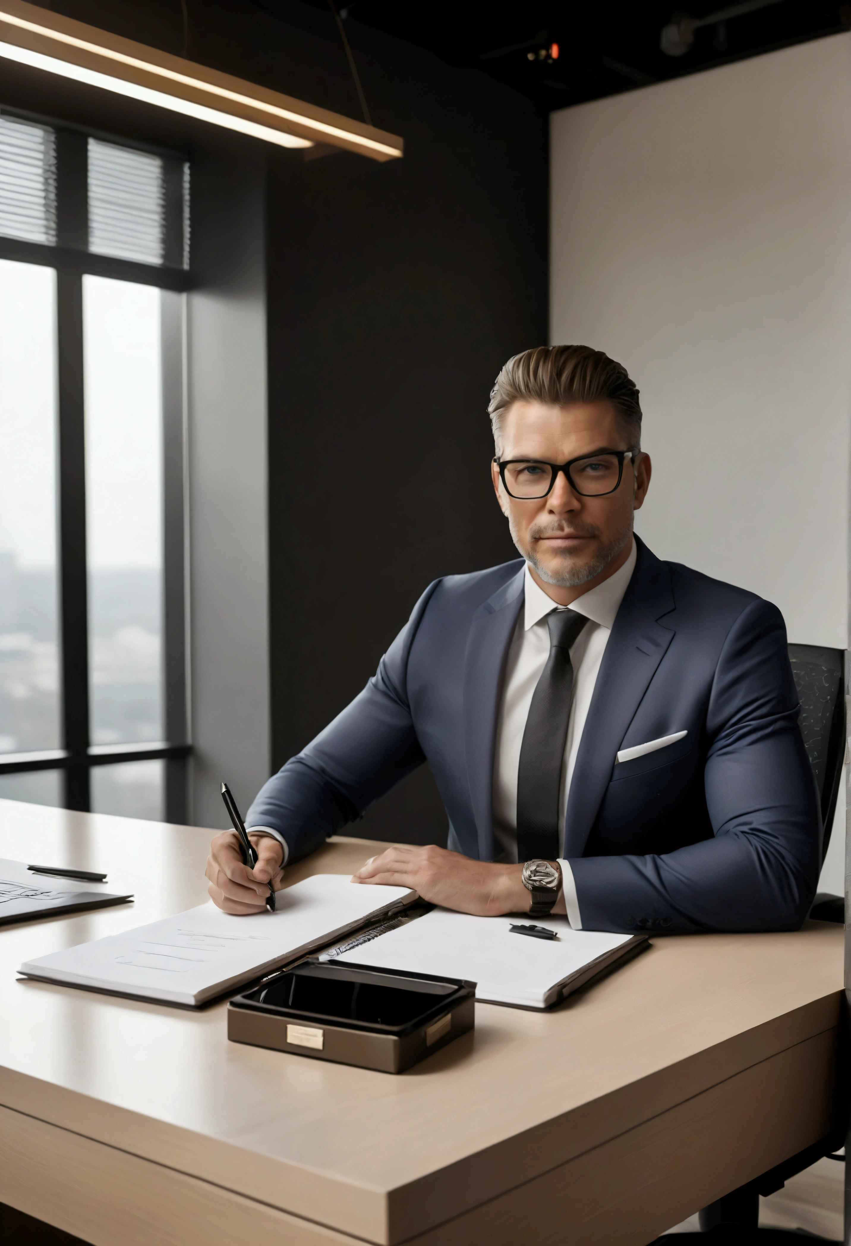 A photorealistic image of a professional lawyer in a modern office setting, 

Dressed in a tailored suit, Seated at a sleek, contemporary desk, Focused, holding a notepad and pen (implying a busy work session), Serious demeanor, reflecting dedication, 

Large windows on the top-left, allowing natural light to flood the room (warm glow), State-of-the-art technology including a large screen display on the top-right, Ergonomic office furniture with a stylish chair on the bottom-left, Sleek, contemporary desk with documents and a laptop on the bottom-right, Overall atmosphere: professional, dedicated, bright, welcoming, efficient, 

Modern and professional, Minimalistic and functional, High-quality depiction, 