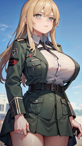 A girl who wears military clothes, brown heirs, gigantic breasts, anime cartoon, german third reich, long heirs,((highest quality)), ((masterpiece)),details, bleu eyes
